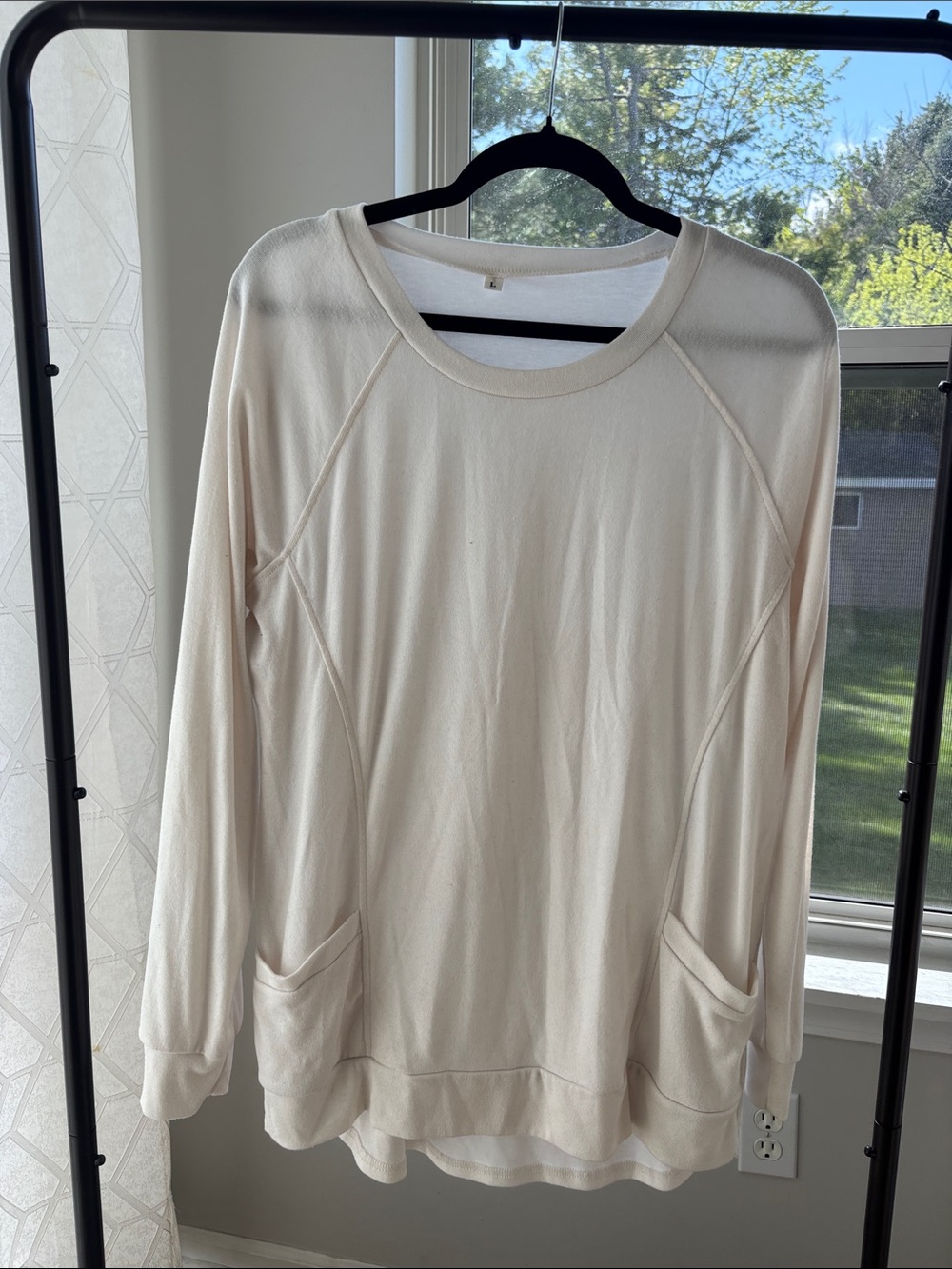 Women's Cream Long-Sleeve Pocket Sweater